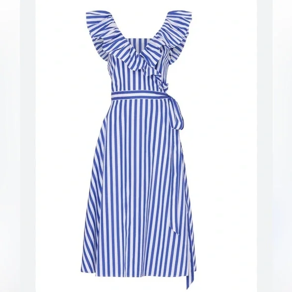 Ralph Lauren Striped Ruffled Shirt Dress Wrap Sleeveless Blue White Stripe Sz 4 - Picture 4 of 14